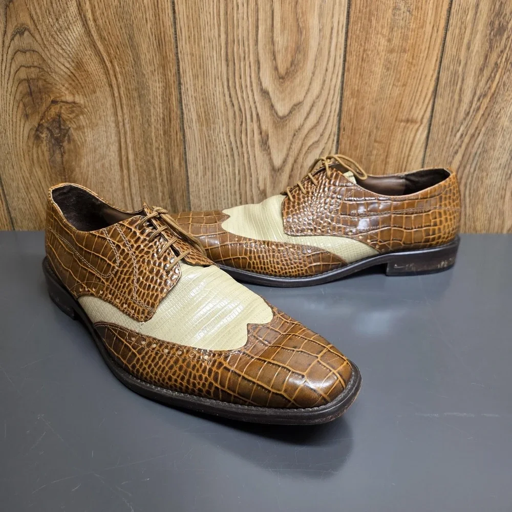 Stacy Adams Shoes Men 11W Brown Croc Wingtip Square Toe Dress Derby 24823